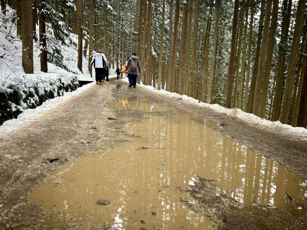 雪が溶け、水たまりとなった悪路
